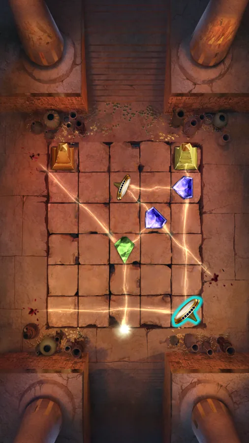 Red sandstone chamber where prisms send beams in several directions