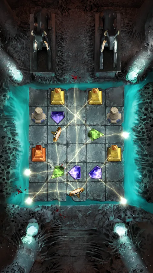 Dark cavern with turquoise waterfalls, mirrors and prisms routing several beams